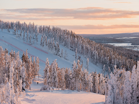 Nordic nature during winter. Snow and beautifully colored sun light on mountain side.