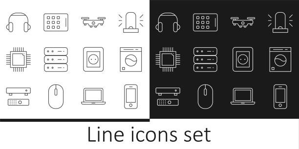 ilustraciones, imágenes clip art, dibujos animados e iconos de stock de set line smartphone, lavadora, drone volando, servidor, datos, web hosting, procesador con microcircuitos cpu, auriculares, toma de corriente e icono de tableta gráfica. vector - pill computer telephone cpu