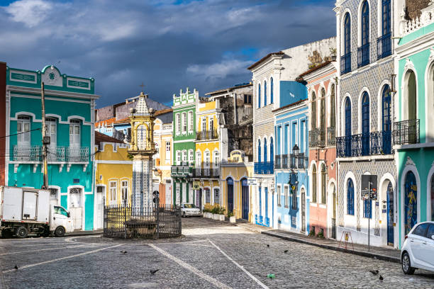 Colorful colonial houses at the historic district of Pelourinho in Salvador da Bahia, Brazil. stock photo
