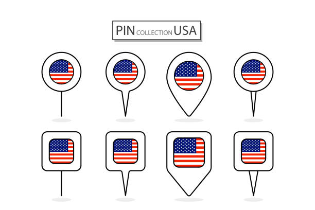istock Set of flat pin USA flag  icon in diverse shapes flat pin icon Illustration Design. 1482870842