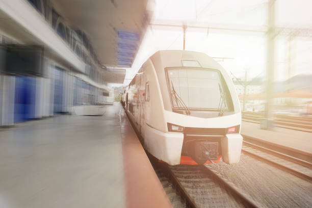 istock Fast modern electric train on the railway station 1482870934