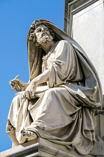 White marble statue of biblical prophet Isaiah sculpted in 1857 by Italian sculptor Salvatore Revelli (1816-1859) as part of the pedestal of Column of the Immaculate Conception in Rome