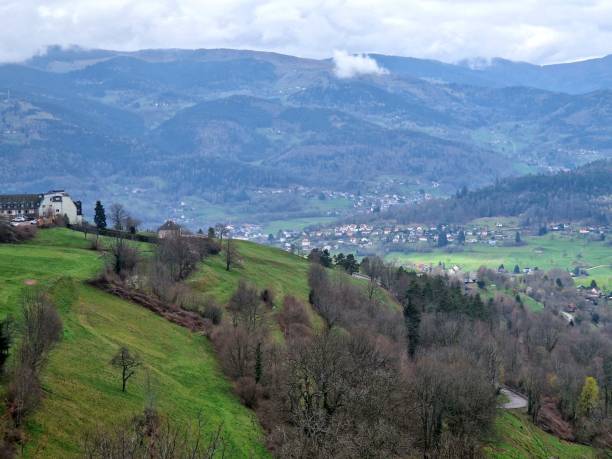 istock Dramatic cloudscape in springtime over Alsatian hills with vineyards and vines, as well as ancient church towers - Alsace, France, Europe 1482873279