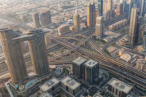 main intersection of dubai, crossing sheik zayed road, seen from above. united arab emirates.