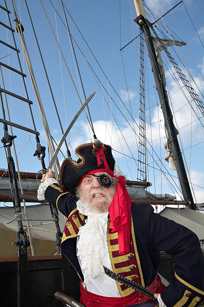 istock Pirate captain on ship bares teeth and waves sword 148287844