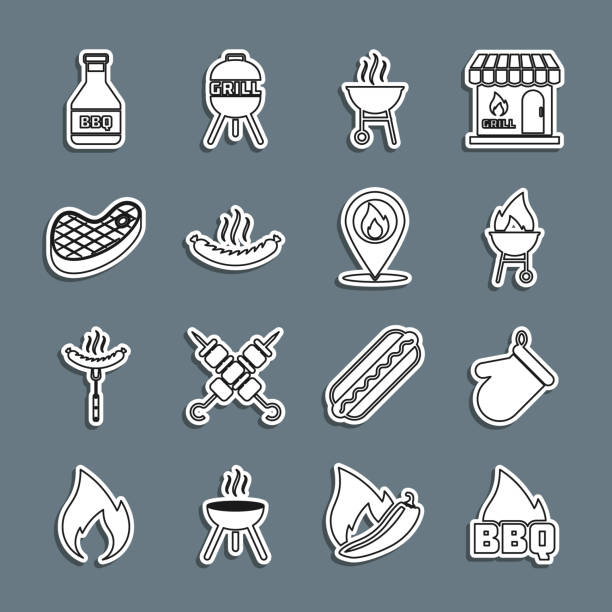 ilustraciones, imágenes clip art, dibujos animados e iconos de stock de set line llama de fuego de barbacoa, guante de horno, parrilla, salchicha, carne de carne, botella de ketchup y ubicación con icono. vector - party barbecue grill burning healthcare and medicine