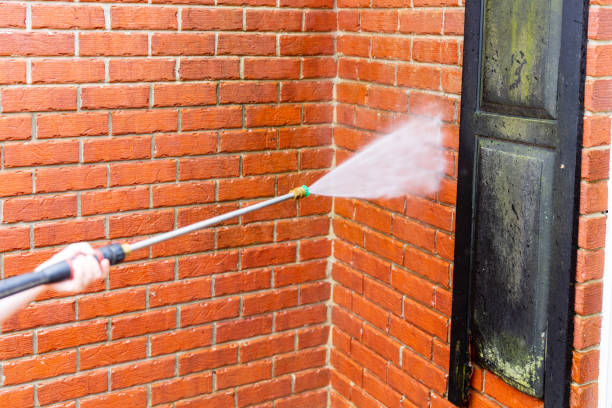 istock Pressure washer using water to clean a dirty brick wall on a house. 1482880535