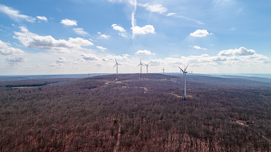 Wind farm near Bear Creek, Pennsylvania, on a sunny day of early spring.