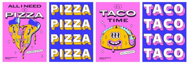 Trendy psychedelic posters set with funny fast food characters. Trippy pizza slice and crazy modern taco. Front and back side poster design. Vector illustration. Trendy psychedelic posters set with funny fast food characters. Trippy pizza slice and crazy modern taco. Front and back side poster design. Vector illustration. crazy logo stock illustrations