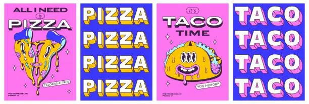 Vector illustration of Trendy psychedelic posters set with funny fast food characters. Trippy pizza slice and crazy modern taco. Front and back side poster design. Vector illustration.