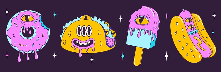 Psychedelic retro cartoon fast food character set. Modern stickers in trendy Y2K style with taco, ice cream, donut, hot dog. Funny faces with distorted eyes and vibrant colors. Crazy vector.