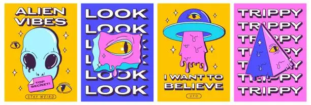 Vector illustration of Trendy Y2K psychedelic posters set with alien characters and UFO. Trippy eyes, and crazy modern quotes. Card, invitation, stories template. Front and back side poster design. Vector illustration.