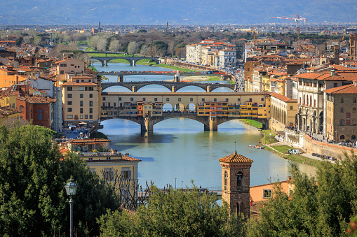 Aerial view of Florence at sunset  with the Ponte Vecchio and the Arno river, Tuscany, Italy