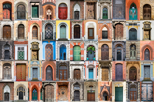 Collection of old colourful doors. Travel concept and background