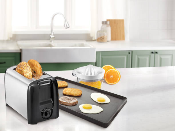 Breakfast plate in a kitchen with a marble counter top