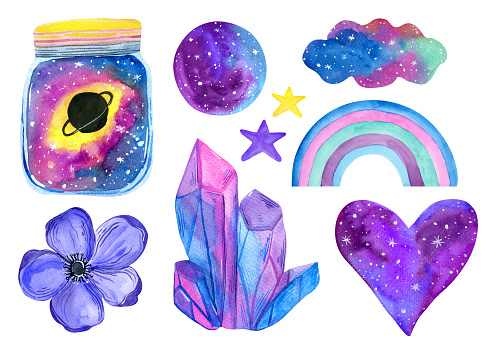 istock Space purple watercolor clipart. Jar with planet, heart, rainbow, magic crystal, galaxy planet, flower isolated on white background. 1482887469