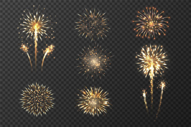 stockillustraties, clipart, cartoons en iconen met realistic yellow golden festive firework bursting, fireworks sparkling set isolated. design template for celebrating concept, greeting cards, banners. glowing firework collection. vector illustration - vuurwerkshow