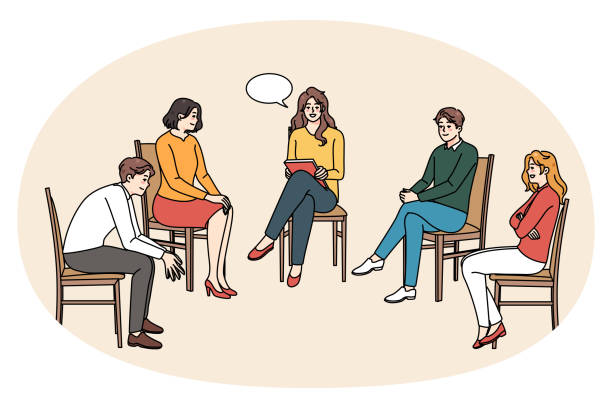 심리치료사와 함께 하는 단체 상담 세션에서 다양한 사람들 - customer therapy asking doctor stock illustrations