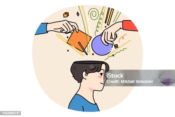 Someone Using An Object People Hands Put Objects In Man Head Stock Illustration - Download ...