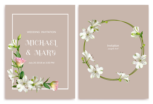 Beautiful white and pink flowers. Floral background. Wedding invitation. Lilies. Eustoma. Lisianthus. Green leaves. Roses. Bouquet. Wreath. Postcard.