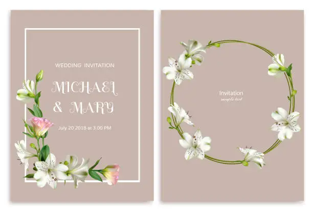 Vector illustration of Beautiful white and pink flowers. Floral background. Wedding invitation. Lilies. Eustoma. Lisianthus. Green leaves. Roses. Bouquet. Wreath. Postcard.