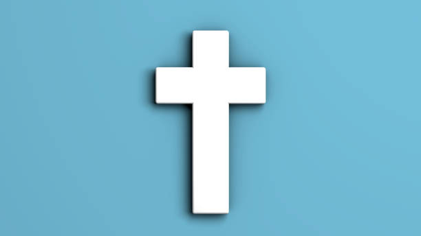 istock Simple Christian crucifix. Catholic cross. Marble cross in empty space. Religious symbol. Place for inscription. Christian denomination. 3d rendering. 1482889263