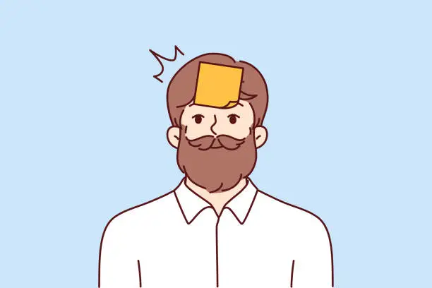 Vector illustration of Hipster man with sticky notes on forehead tries to guess what is written on sticker