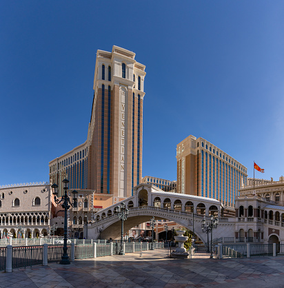 Las Vegas, United States - November 24, 2022: A picture of the Venetian Las Vegas, with the main building at the top and the Rialto Bridge at the bottom.