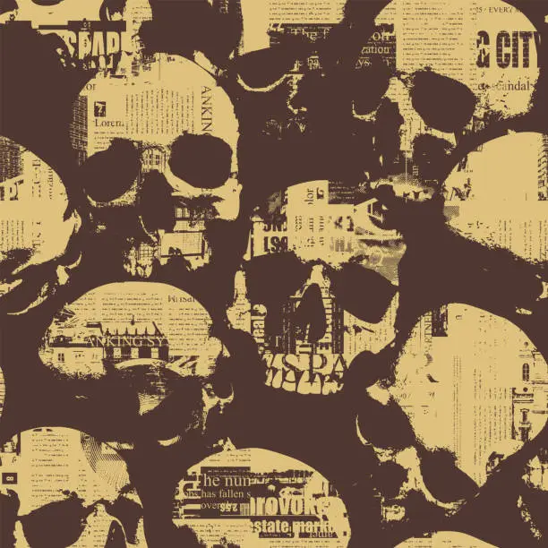 Vector illustration of Seamless pattern with human skulls and texture of pieces of newspapers