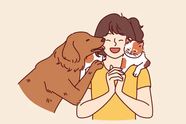 Vector illustration of Little girl with pets enjoys communicating with cat sitting on shoulder and dog licking face