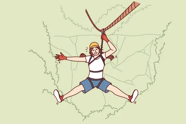 Vector illustration of Woman tourist hangs on zip line over forest cliff enjoying extreme vacation in picturesque place