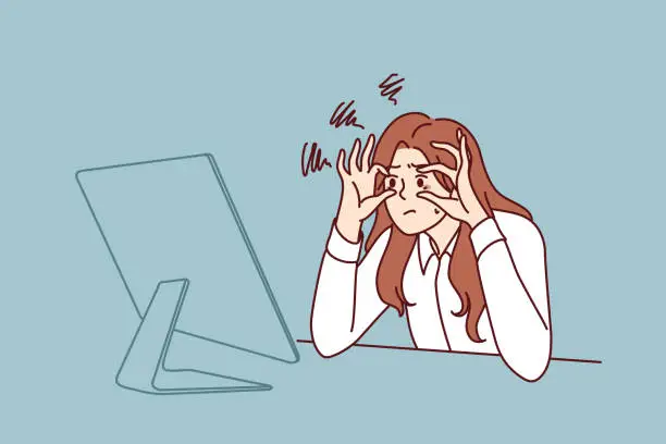 Vector illustration of Sleepy woman trying to stay awake sitting at workplace with monitor is feeling tired due to overwork