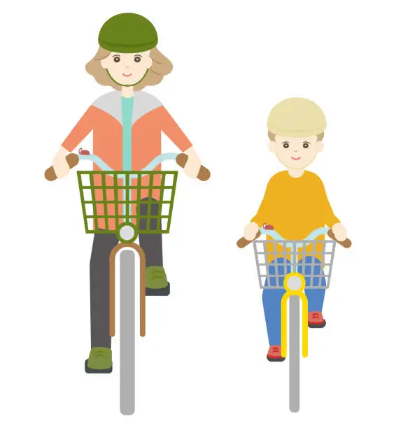 Vector illustration of Illustration of mother and boy (parent and child) cycling