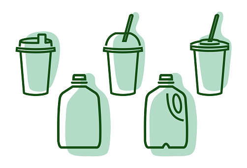 Set of recyclable drink items in green color. Outline pictograms signs symbols of beverage packaging. Milk gallon, coffee cup with flat dome cover. Vector illustration. Ecology and waste recycling