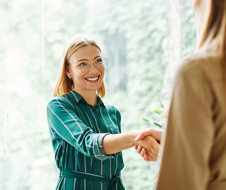 Group of young business people having a meeting shaking hands handshake introducing each other in the office. Teamwork and success concept