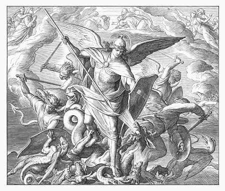 Archangel Michael fights with the dragon (Revelation 12, 7) Wood engraving by Julius Schnorr von Carolsfeld (German painter, 1794 - 1872), published in 1860.