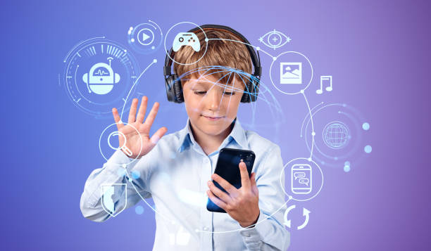 istock Child boy with smartphone, earth globe with digital chart bot ho 1482898180