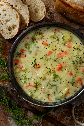 Creamy Polish Dill and Potato Soup with Carrots, Celery and Bread