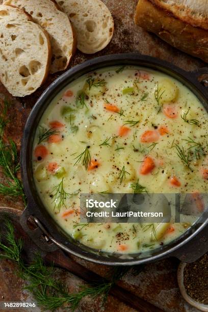 Creamy Polish Dill And Potato Soup Stock Photo - Download Image Now - Soup, Dill, Celery