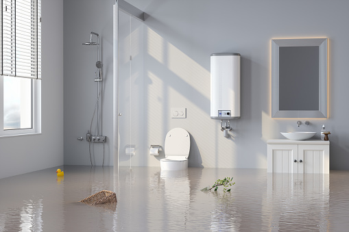 Flooded Bathroom With Plant And Basket Floating On Water. 3D Rendering