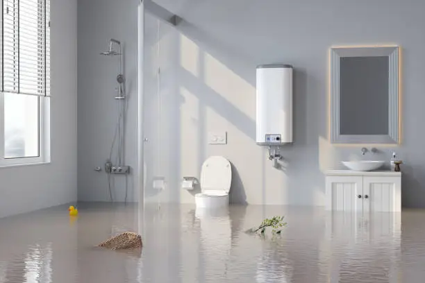Photo of Flooded Bathroom With Plant And Basket Floating On Water.