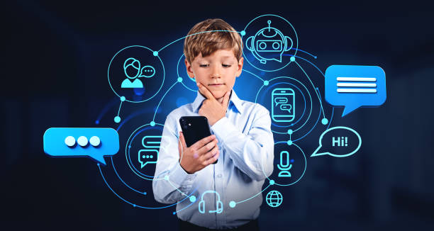 istock Pensive boy using chat bot in smartphone, chatbot icons. AI and communication 1482898420