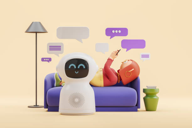 istock 3d rendering. Cartoon woman on sofa with phone asking robot for information 1482898428