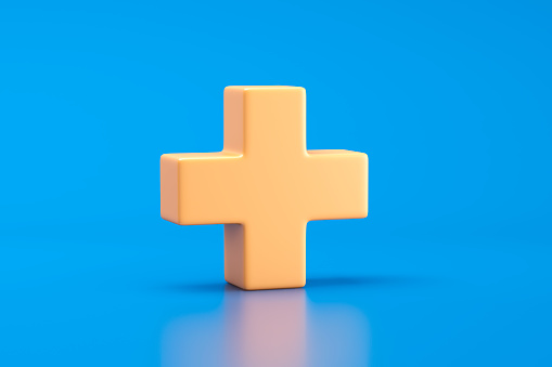 Yellow plus sign on blue background. 3d illustration