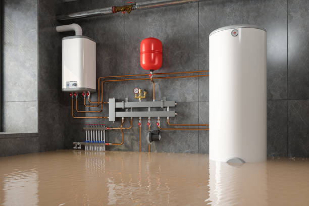 Flooded Boiler Room. 3D Rendering Flooded Boiler Room. 3D Rendering Flood Cleanup Services stock pictures, royalty-free photos & images