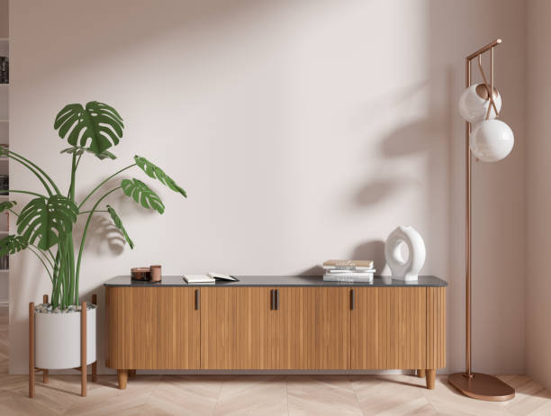 istock Cabinet and lamp in white living room 1482898677