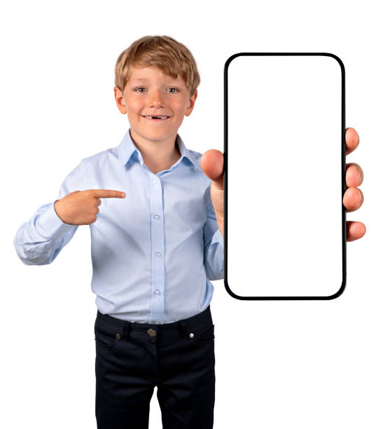 istock Child finger pointing at phone mockup display, isolated over white background 1482898706