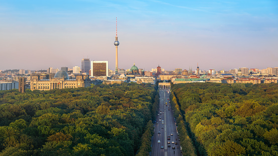 Aerial view of Berlin Skyline with all main landmarks, Tiergarten Park and and German Parliament - Berlin, Germany