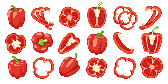 Sweet red bell peppers set isolated on white background. Bell peppers in Cartoon style. Vector illustration