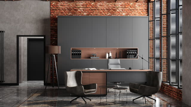 Empty CEO Office Interior With Table, Office Chairs, Cabinets And Brick Wall,3d Render